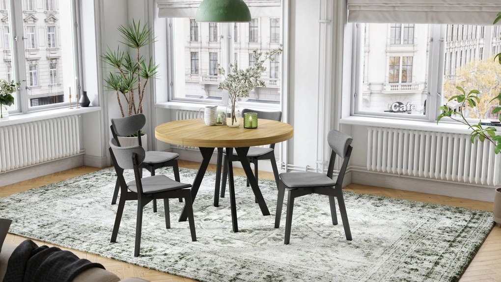 EXPANSO Dub Americký / čierne nohy - VEĽKÝ OKRÚHLY STÔL Ø110 ROZKLADACÍ AŽ DO 310 cm S NOHAMI Y LOFTOVÝ / INDUSTRIÁLNY