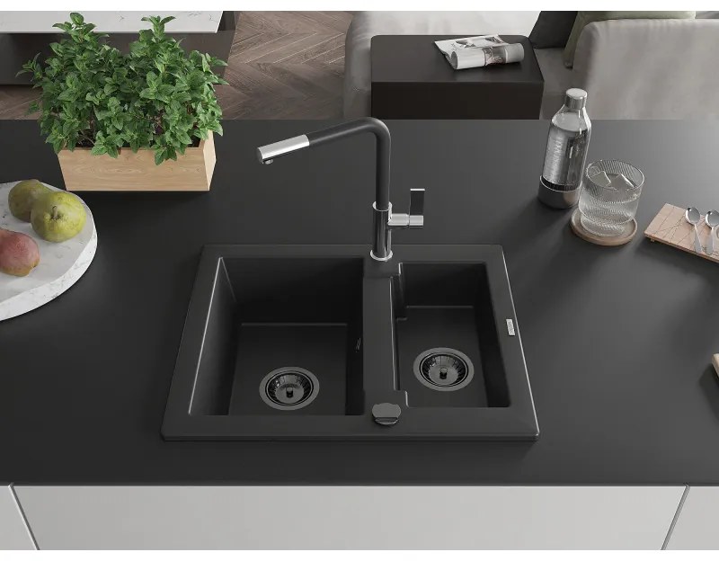 Mexen Carlos, 1,5-komorový granitový drez 582x475x177 mm a drezová batéria Flora, čierna, 6518-77-670401-07-B