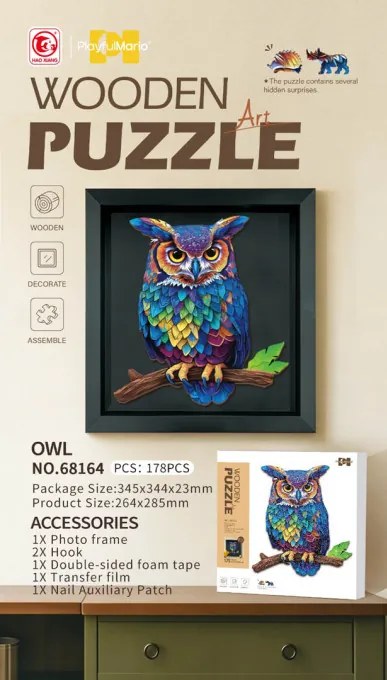 Drevené puzzle Sova s rámikom - 178 dielikov
