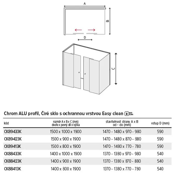 Mereo Mereo, Sprchový kút, Lima, obdĺžnik, výška 190 cm, chróm ALU, sklo Číre, MER-CK89433K