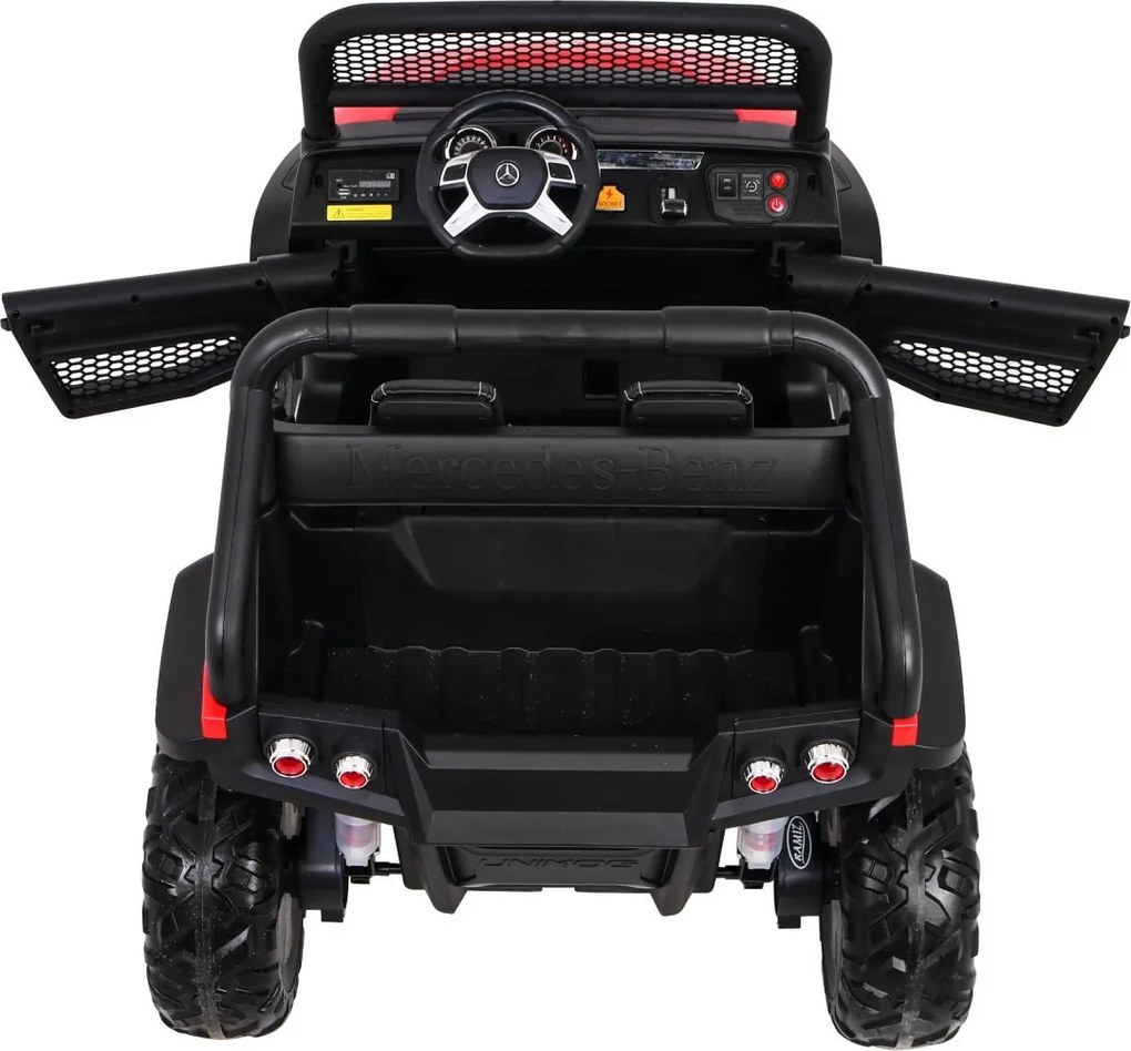 Ramiz Mercedes Benz Unimog elektrické autíčko pre deti červené + pohon 4x4 + diaľkové ovládanie + nosič batožiny + pomalý štart + MP3 + LED