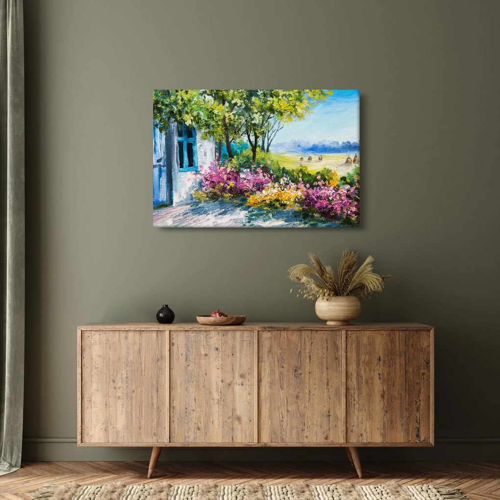 Obraz záhradky pred domom, olejomaľba (90x60 cm)