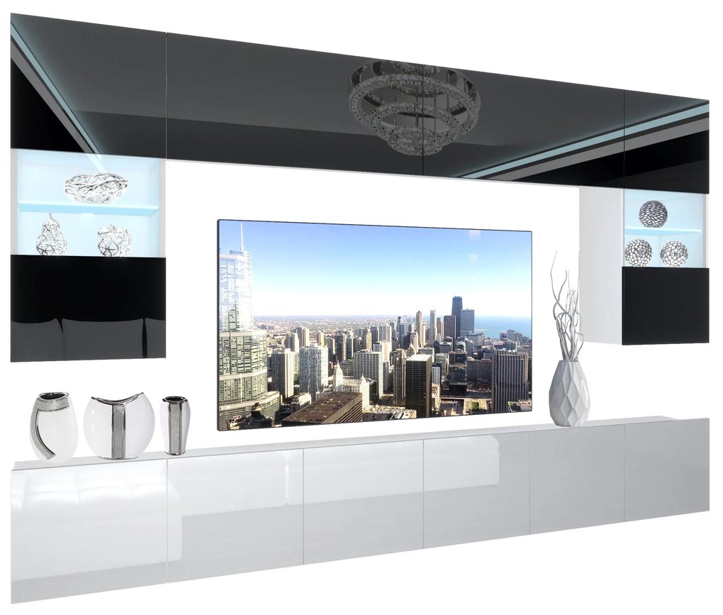 Obývacia stena Belini Premium Full Version čierny lesk / biely lesk + LED osvetlenie Nexum 2
