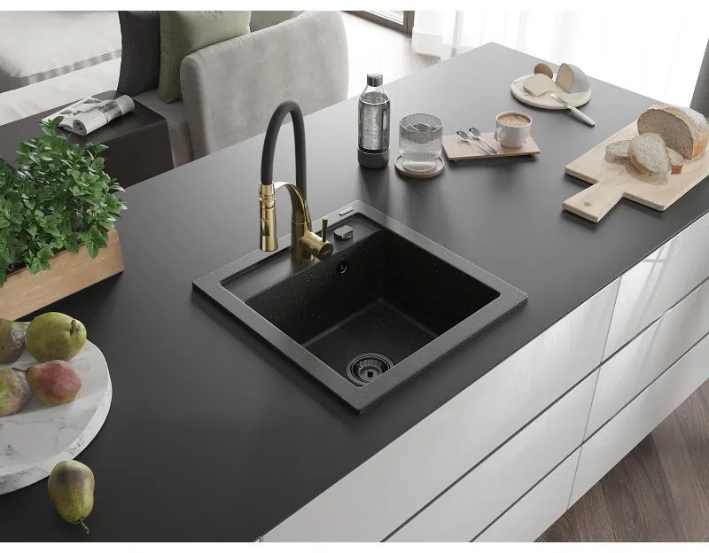 Mexen Vito, 1-komorový granitový drez 490x520x210 mm a drezová batéria Aster, čierna-zlatá metalíza, 6503-75-73450-57-B