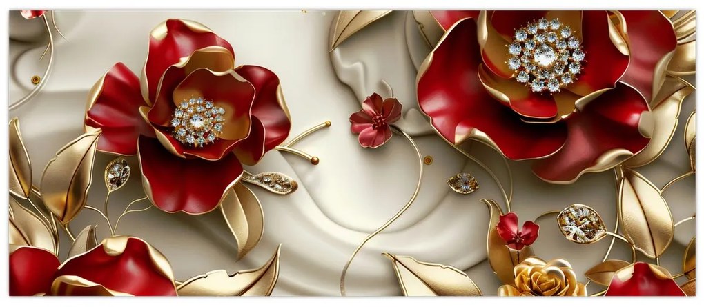 Obraz - 3D Červeno-zlaté kvety (120x50 cm)