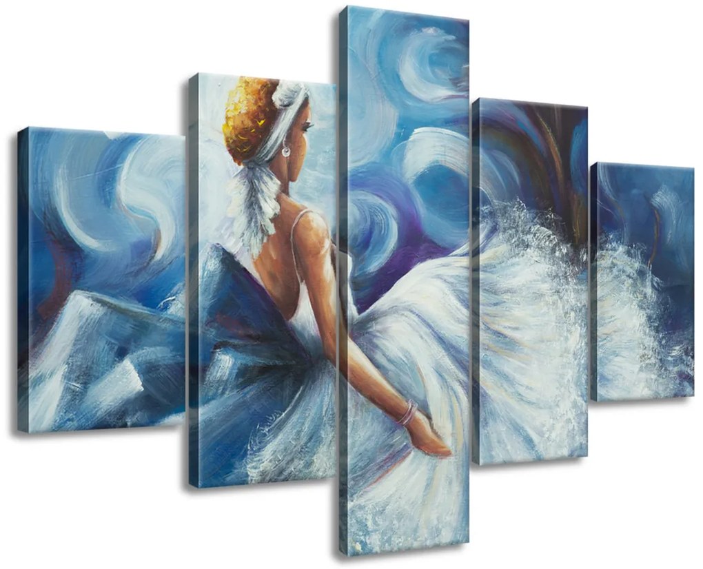 Gario Ručne maľovaný obraz Modrá dáma počas tanca - 5 dielny Rozmery: 150 x 105 cm
