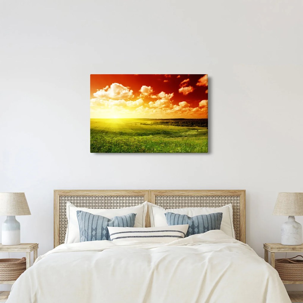 Obraz lúky so žiariacim slnkom (90x60 cm)
