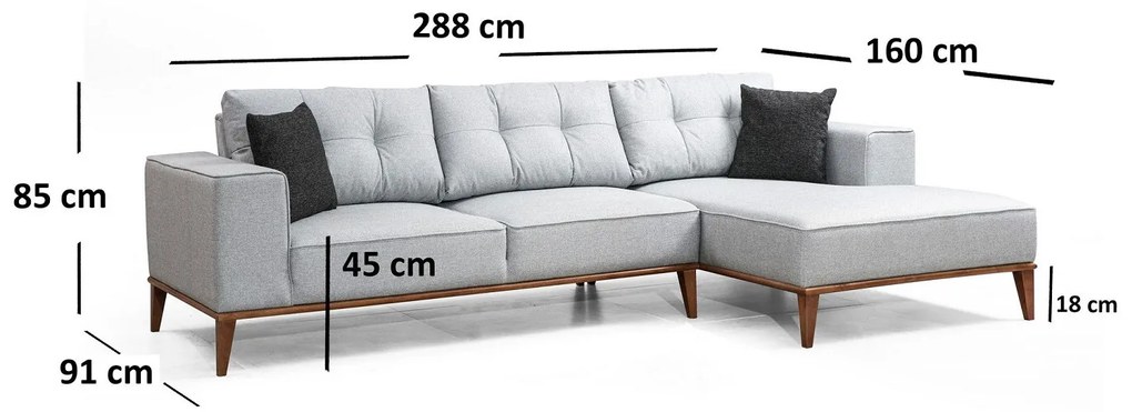 Dizajnová rohová sedačka Tarika 288 cm svetlosivá - pravá