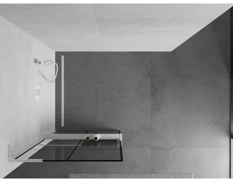 Mexen Kioto+ L, sprchová zástena Walk-In s poličkou a vešiakom 90 x 200 cm, 8mm číre sklo čierny vzor, biely profil, 800-090-123-20-77