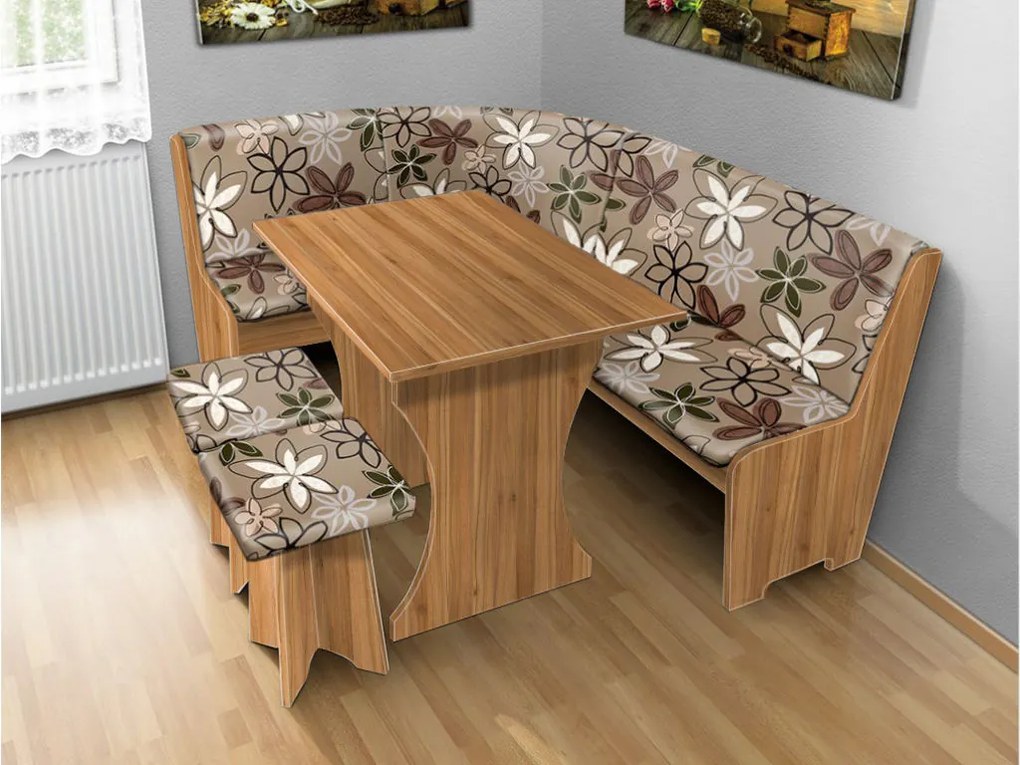 Nabytekmorava Jedálenská rohová lavica sa štokrlemi a stolom farba lamina: buk 381, čalúnenie vo farbe: Alova hnedá