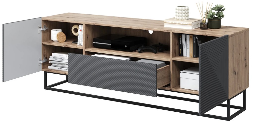 TV stolík Asha 167 cm na čiernom podstavci s otvorenou policou - artisan / rivier stone mat