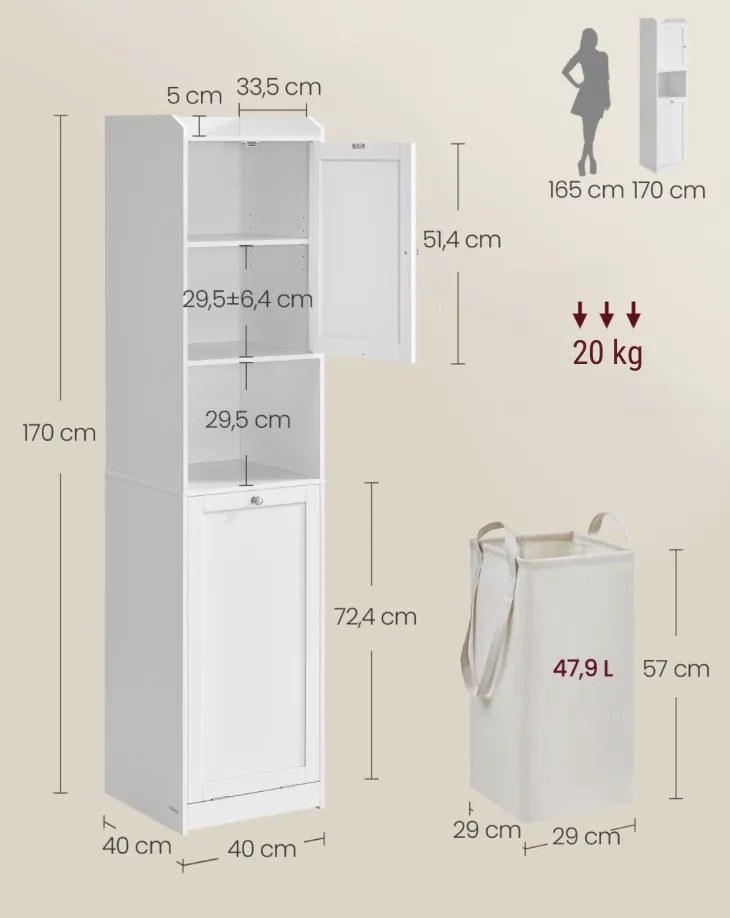 Vysoká koupelnová skříňka s košem na prádlo Vasagle Clark bílá