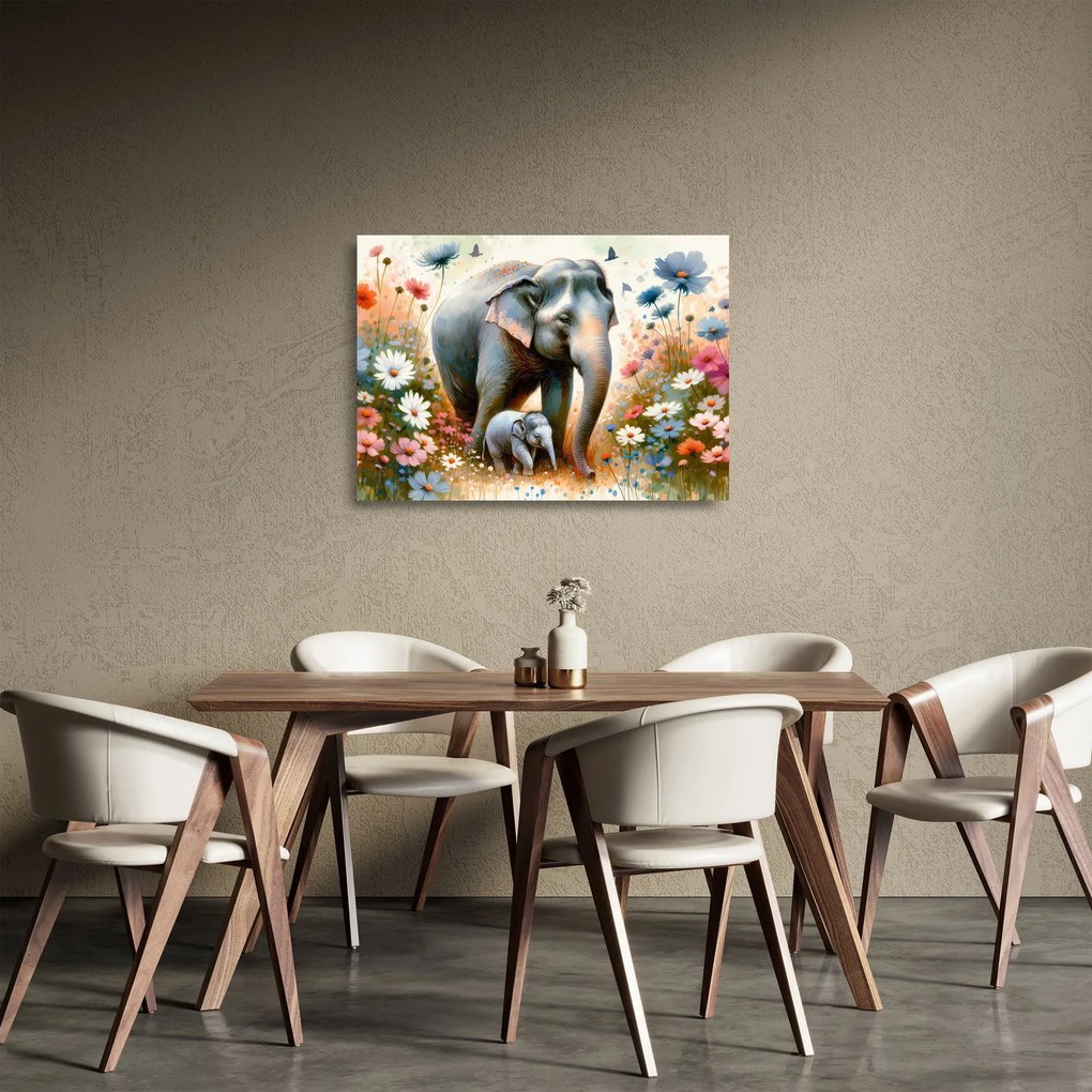 Sklenený obraz - Slonia mama, akvarel (70x50 cm)