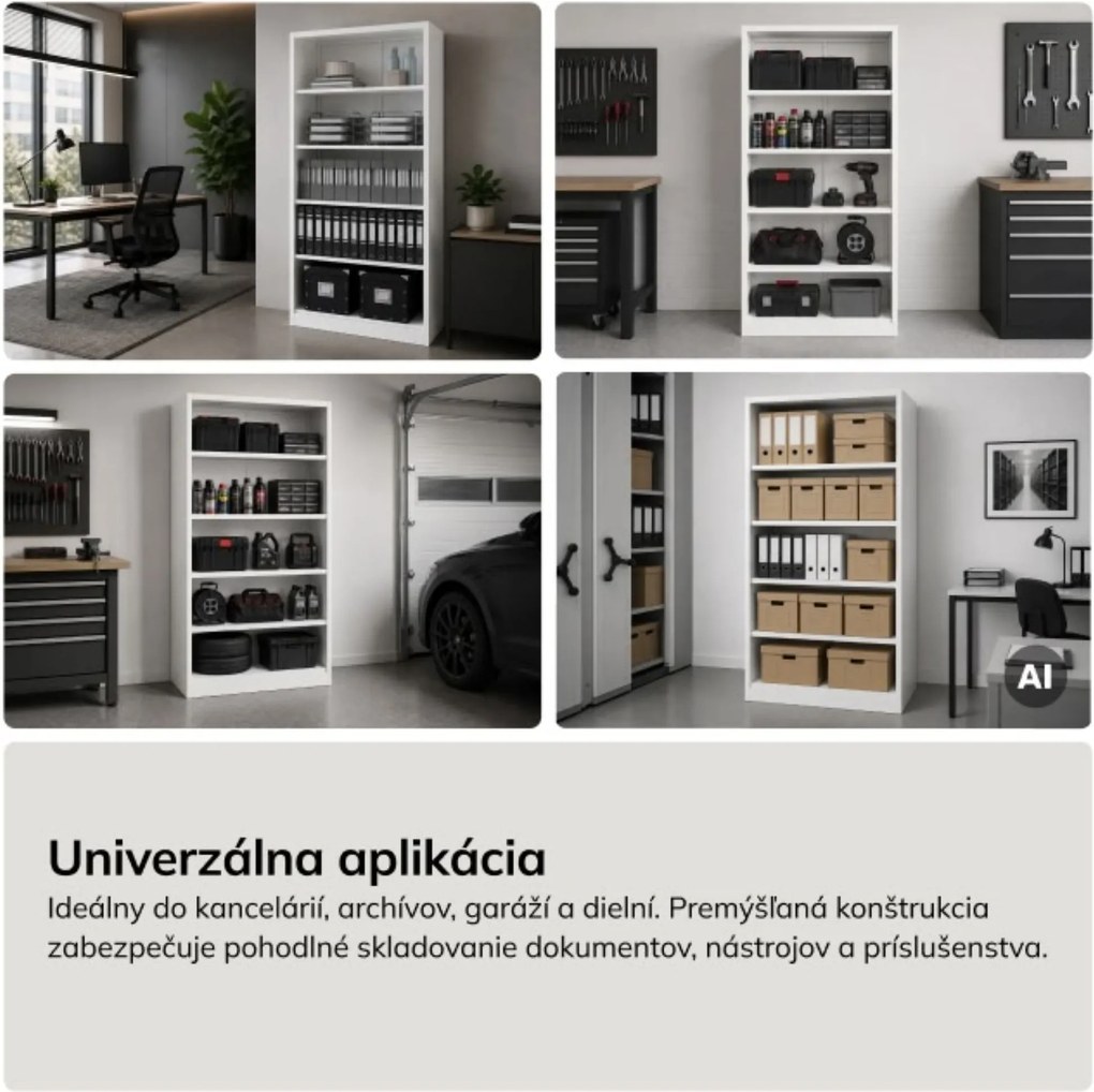 Kancelársky regál kovový, skrutkovaný, uzavretá zadná časť, biely, 900x1950x450 mm: RUFUS