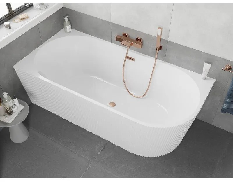 Mexen Silo, rohová voľne stojaca ryhovaná vaňa, ľavá, 170 x 80 cm, biela lesklá, medený matný prepad, 52891708000L-65