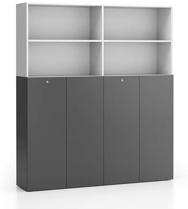 Dvojitá kancelárska policová skriňa 2-dverová SEGMENT, uzamykateľná, 8 políc, biela / grafitová