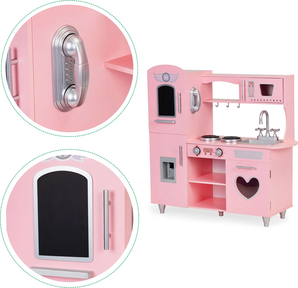 Veľká drevená detská kuchynka ECOTOYS – zvukové efekty, ružová