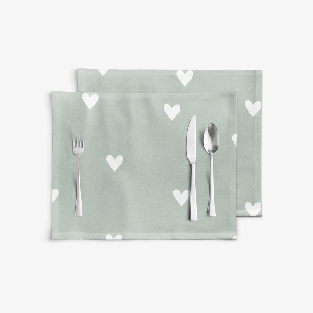 Goldea prestieranie na stôl 100% bavlnené plátno - srdiečka na šalviovo zelenom - sada 2ks 30 x 40 cm
