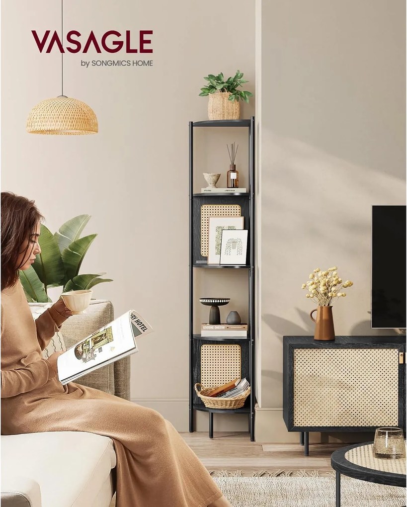 5-úrovňová rohová polica, polica na knihy s polyratanovými stranami, čierna