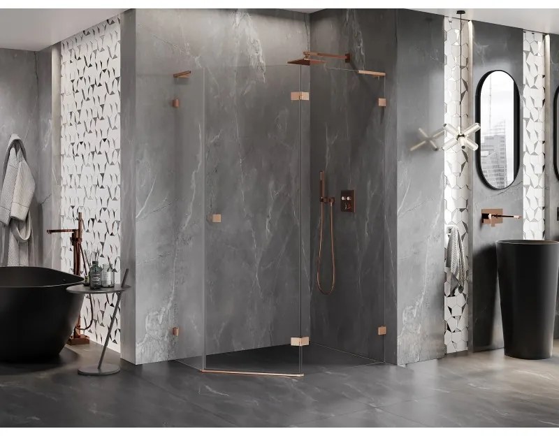 Mexen Lunar, L pravý výklopný päťuholníkový sprchový kút 100 x 90 cm, 8mm číre sklo, profil medená matná, 831L-100P-090L-65-00-P