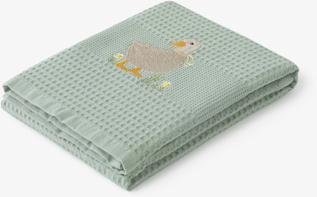 Goldea veľkonočná kuchynská vaflová utierka s výšivkou - kačica na šalviovom 50 x 70 cm