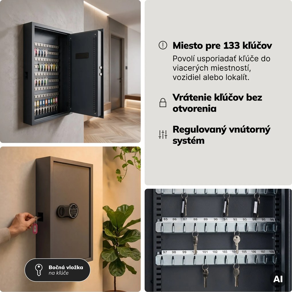 Skrinka na kľúče elektronická s vhadzovaním a kódovým zámkom, na 133 kľúčov, 430x665x130 mm: BRUCE