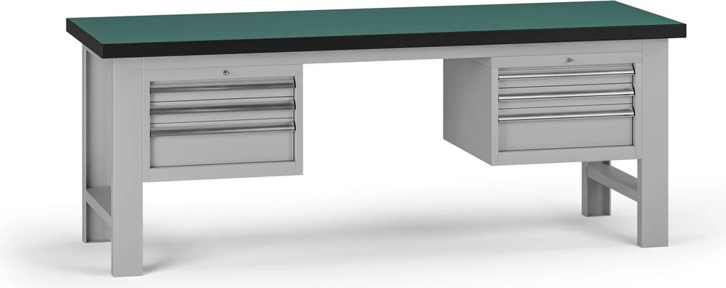 Pracovný stôl do dielne G8, 2100 x 750 x 800 mm, 2x kontejner, 6 zásuviek, sivá