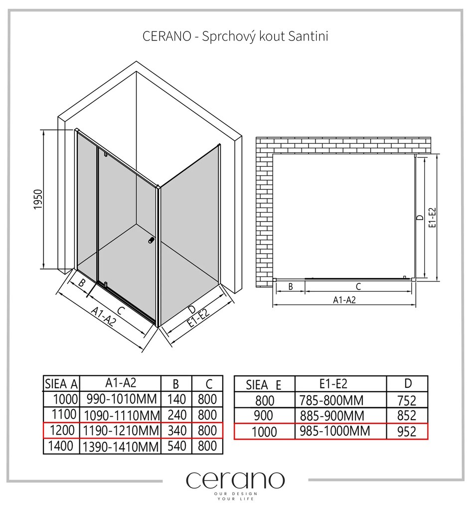 Cerano Santini, sprchovací kút 120(dvere) x 100(stena) x 195 cm, 6mm číre sklo, čierny profil, CER-CER-429010