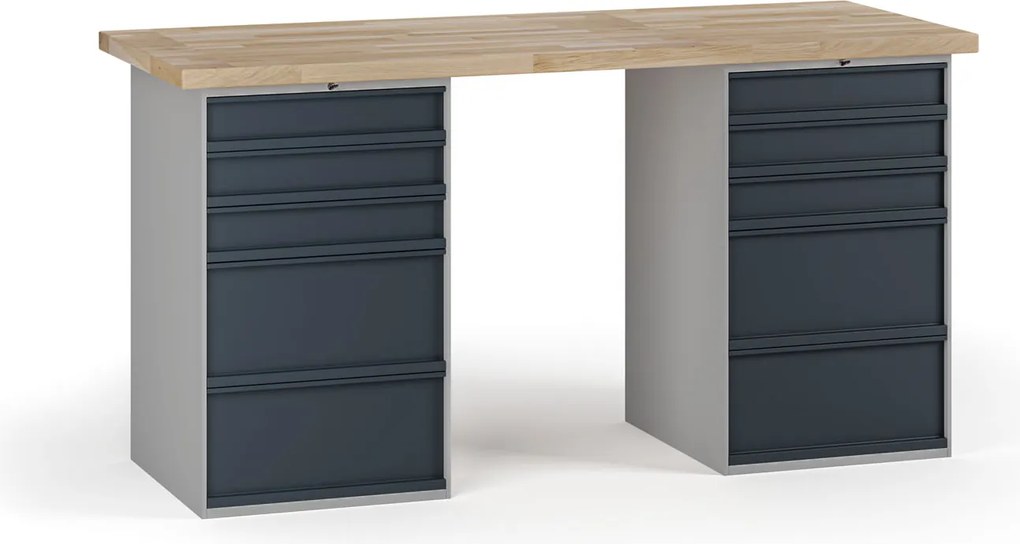 Dielenský pracovný stôl G7, buková škárovka, 1700 x 685 x 840 mm, 2x kontajner, 10 zásuviek, grafit