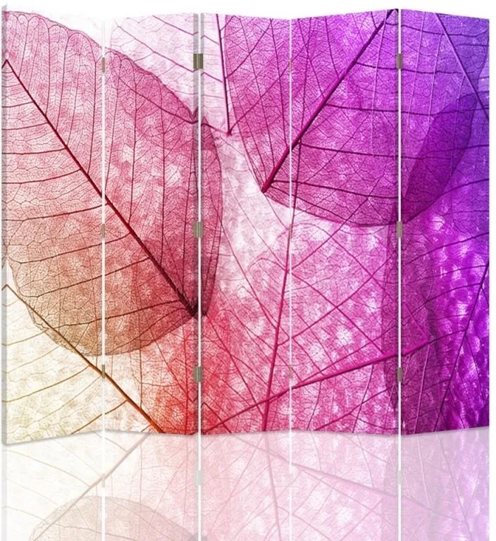 CARO Paraván - Pink Leaves | päťdielny | obojstranný 180x150 cm