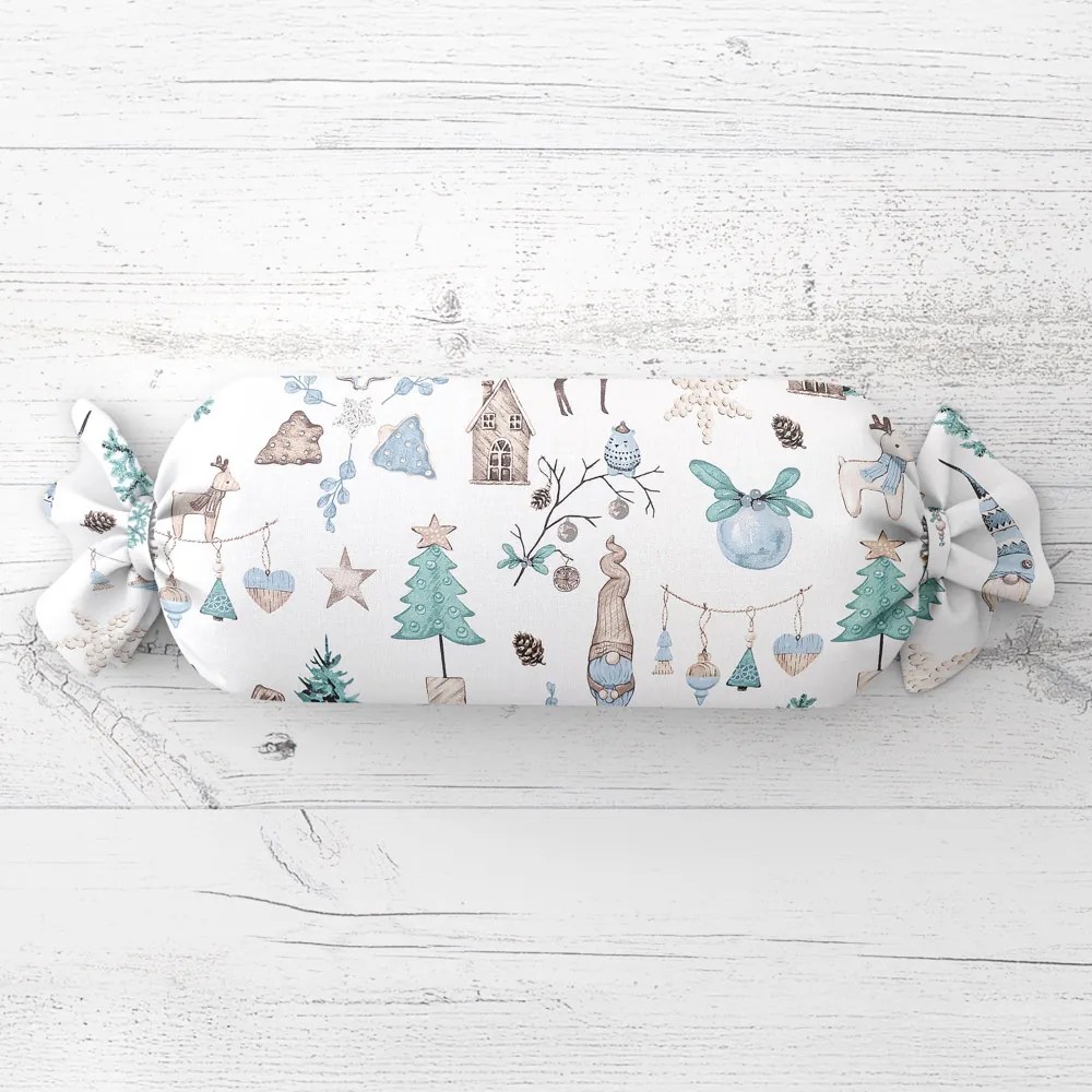 Biante Vankúš valec bonbon Sandra SA-662 Modro-zeleno-hnedý vianočný vzor 15x40 cm