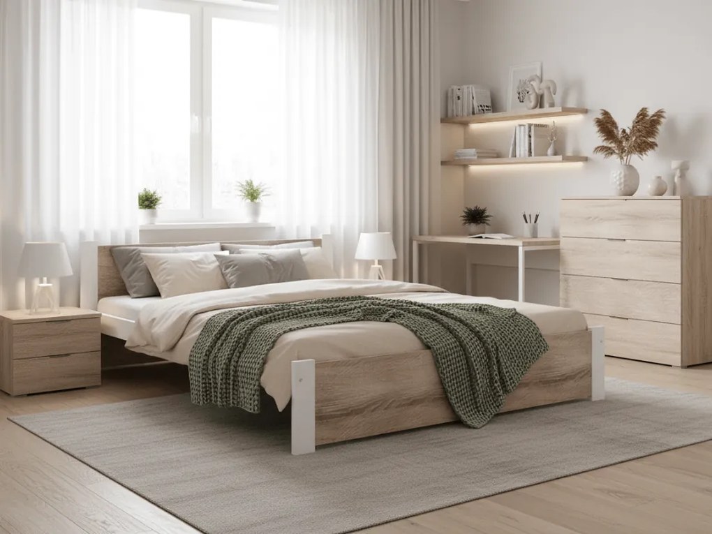 Posteľ IKAROS 180 x 200 cm, biela/dub sonoma Rošt: S latkovým roštom, Matrac: Matrac DELUXE 10 cm