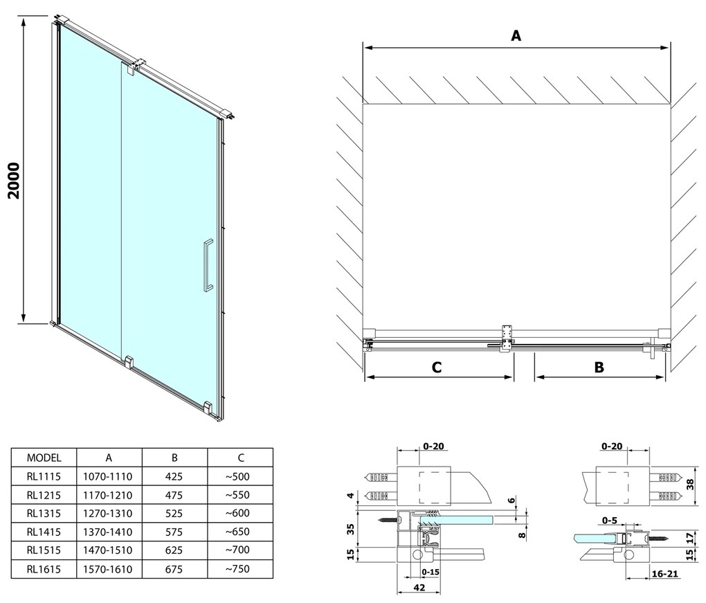 Polysan Sapho, ROLLS LINE sprchové dvere 1600mm, výška 2000mm, číre sklo