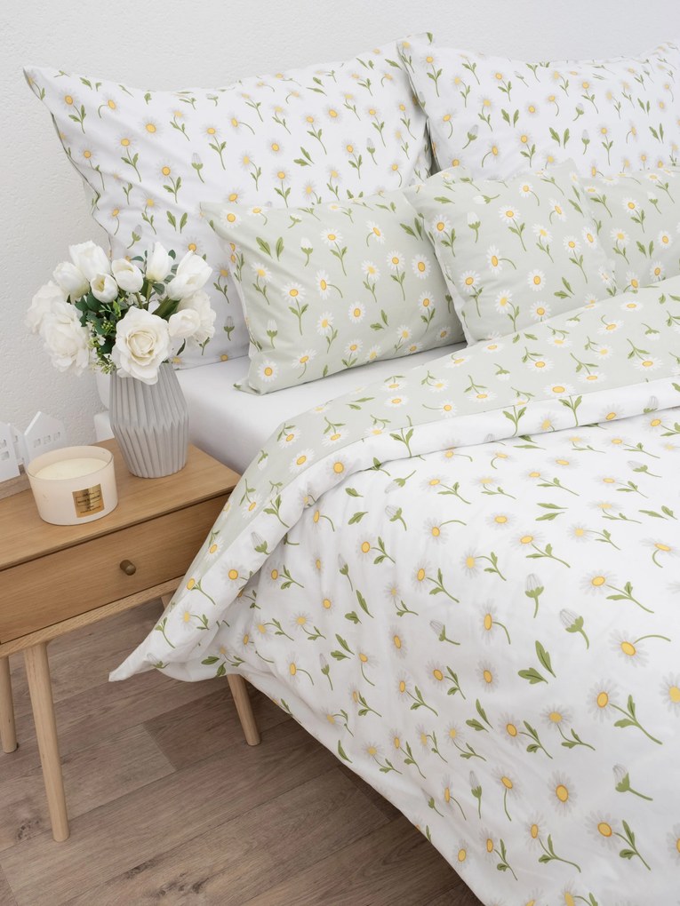 Predĺžené bavlnené obliečky Renforcé - Sedmokrásky sivozelené/biele