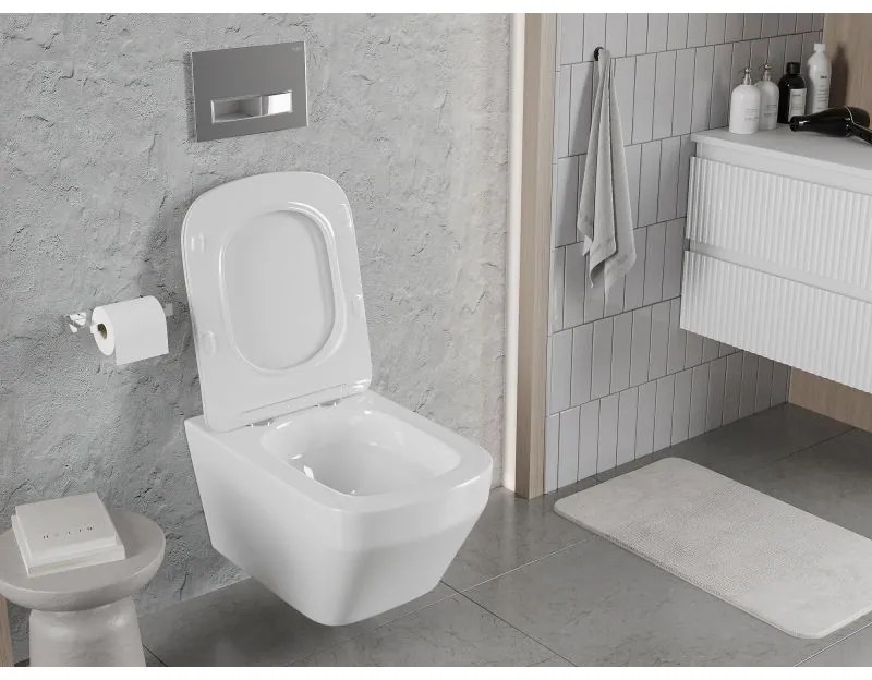 Mexen Riva, závesná WC misa 555x370x335 mm, Rimless Tornádo + WC sedadlo z duroplastu, biela lesklá, 30630200T
