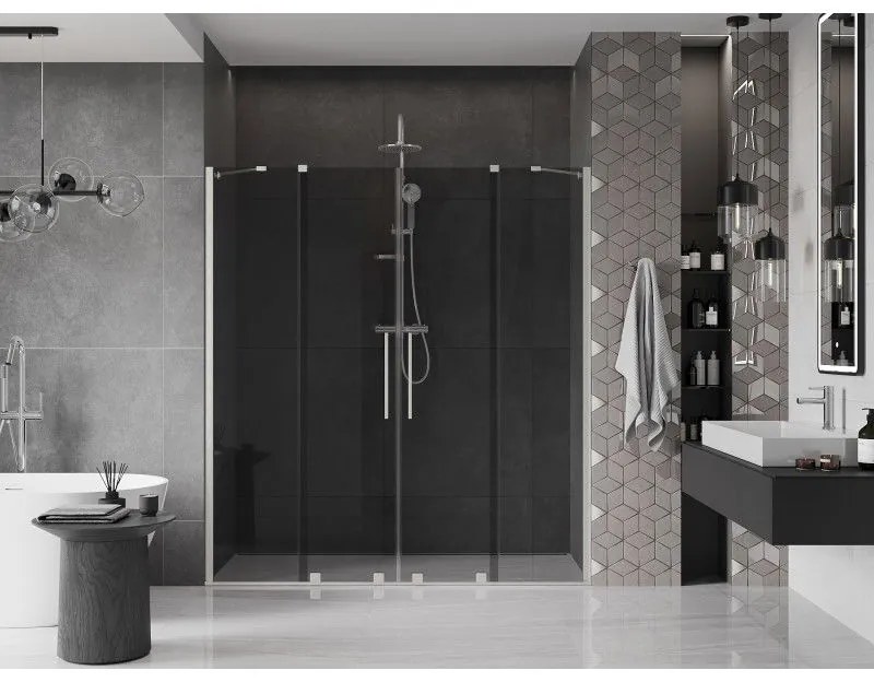 Mexen Velar Duo, posuvné sprchové dvere do otvoru 180 cm, 8mm šedé sklo, brúsená oceľ, 871-180-000-42-97