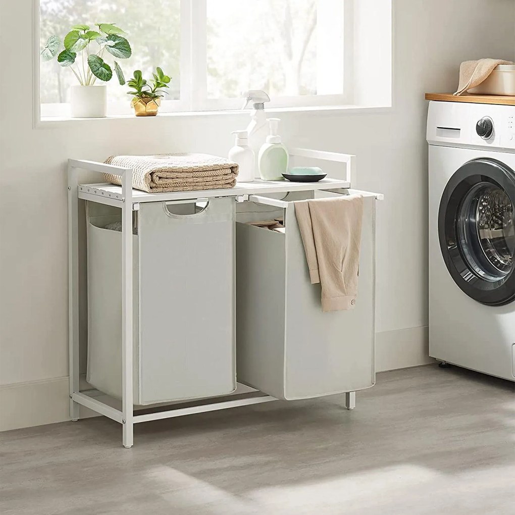 Kôš na bielizeň s 2 priehradkami, kovový rám, biela a sivá farba