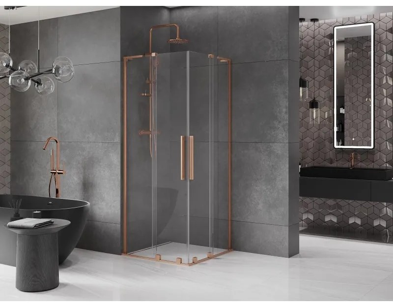 Mexen Velar L Duo, sprchový kút s posuvnými dverami 90 x 90 cm, 8mm číre sklo, medená matná, 871-090-090-02-03-65