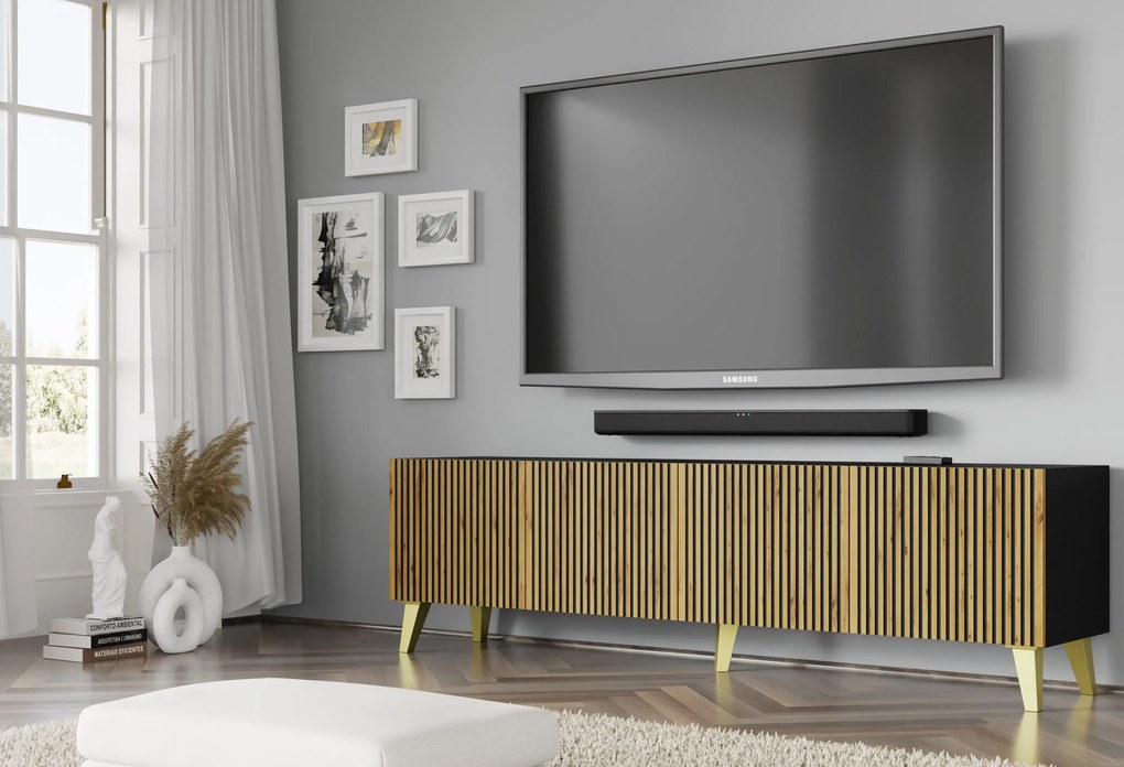 TV skrinka/stolík F 4D 200 Rowanna (čierna + dub artisan + zlatá). Akcia -22%. Vlastná spoľahlivá doprava až k Vám domov. 1125081