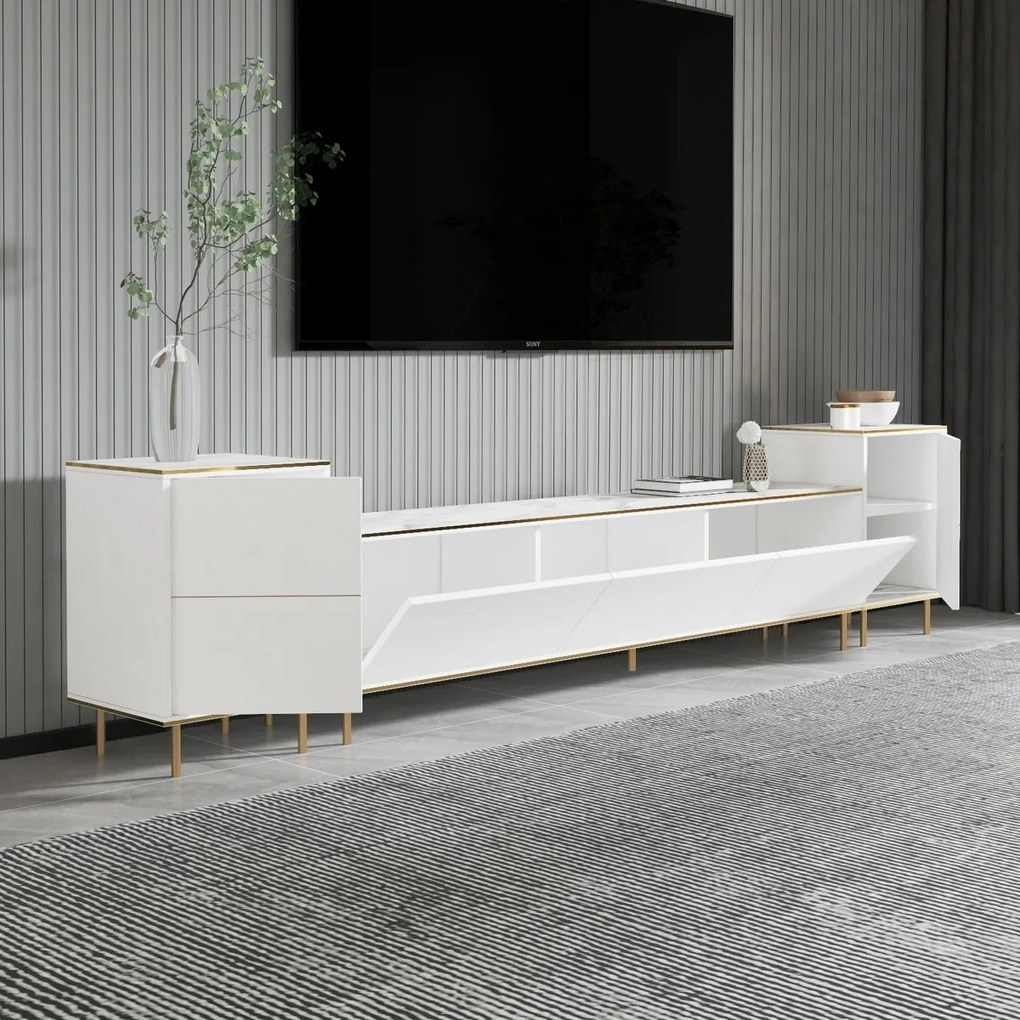 TV stolík s skrinkami Imej Biely mramor a zlato