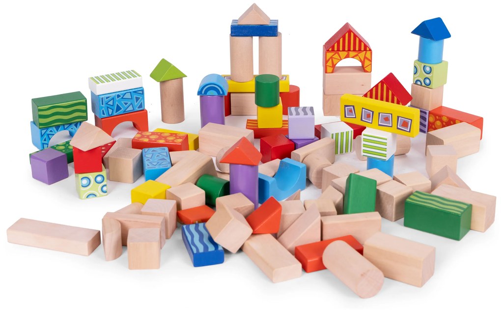 Drevené kocky vo vedierku so sorterom, 100 ks ECOTOYS 2003