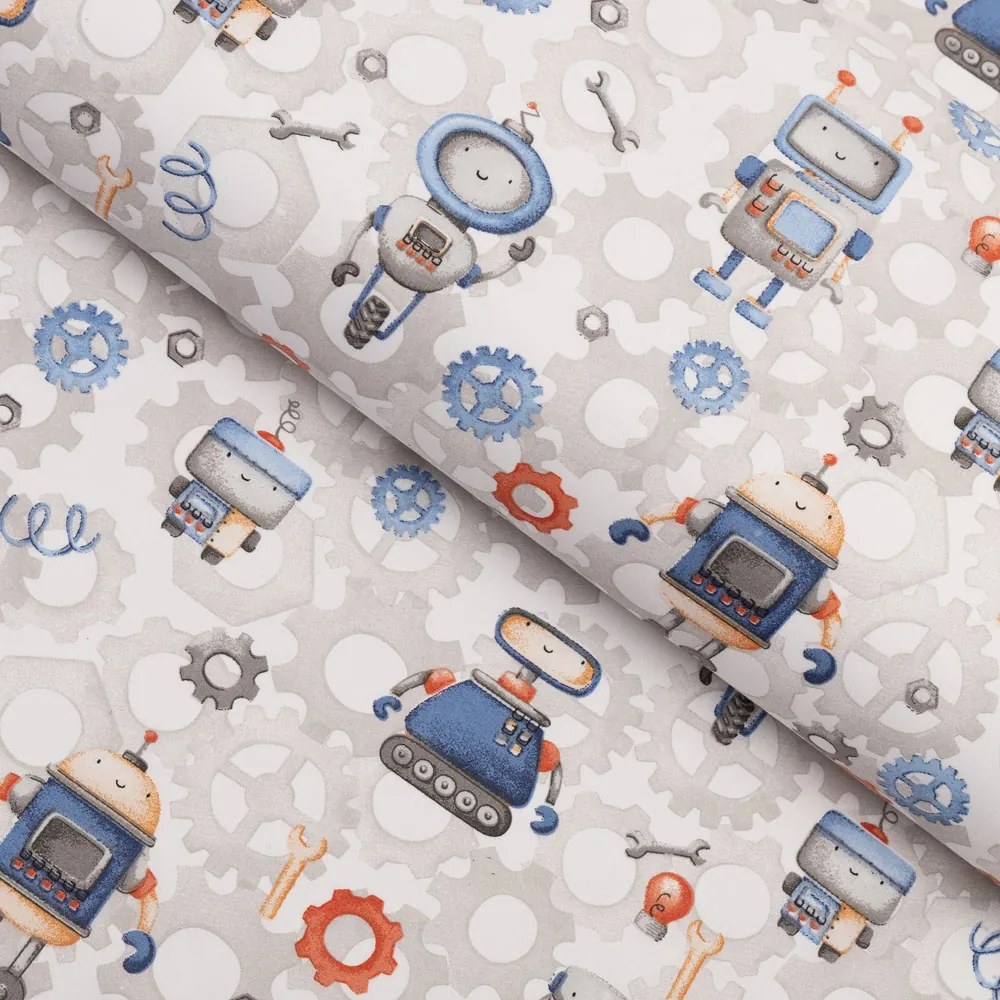 Detská bavlnená látka/plátno Sandra SA-584 Svet robotov na sivo-bielom - šírka 160 cm