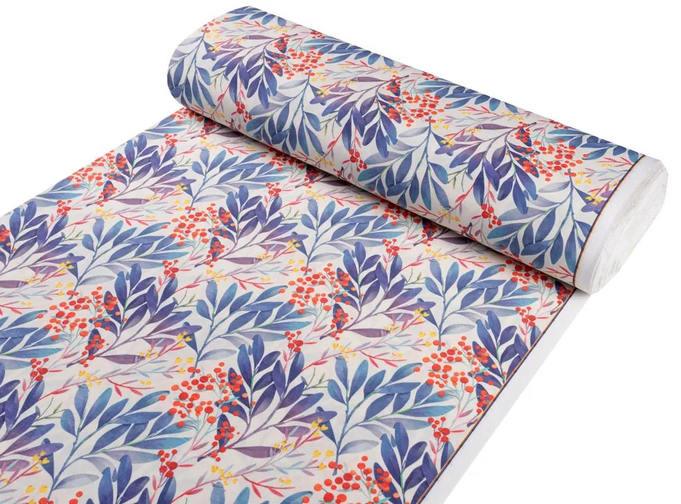 Biante Dekoračný oválny obrus PML-067 Modré listy na krémovom 120x200 cm