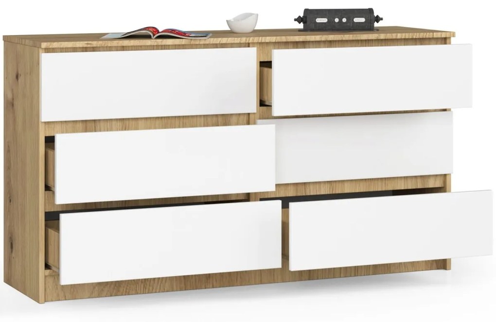 Komoda Kuba 140 cm 6 zásuviek dub artisan/biela