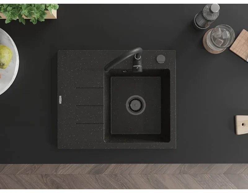 Mexen Ben, 1-komorový granitový drez 600x500x190 mm, pravý + čierny sifón, čierna-zlatá metalíza, 6523605000-75-B