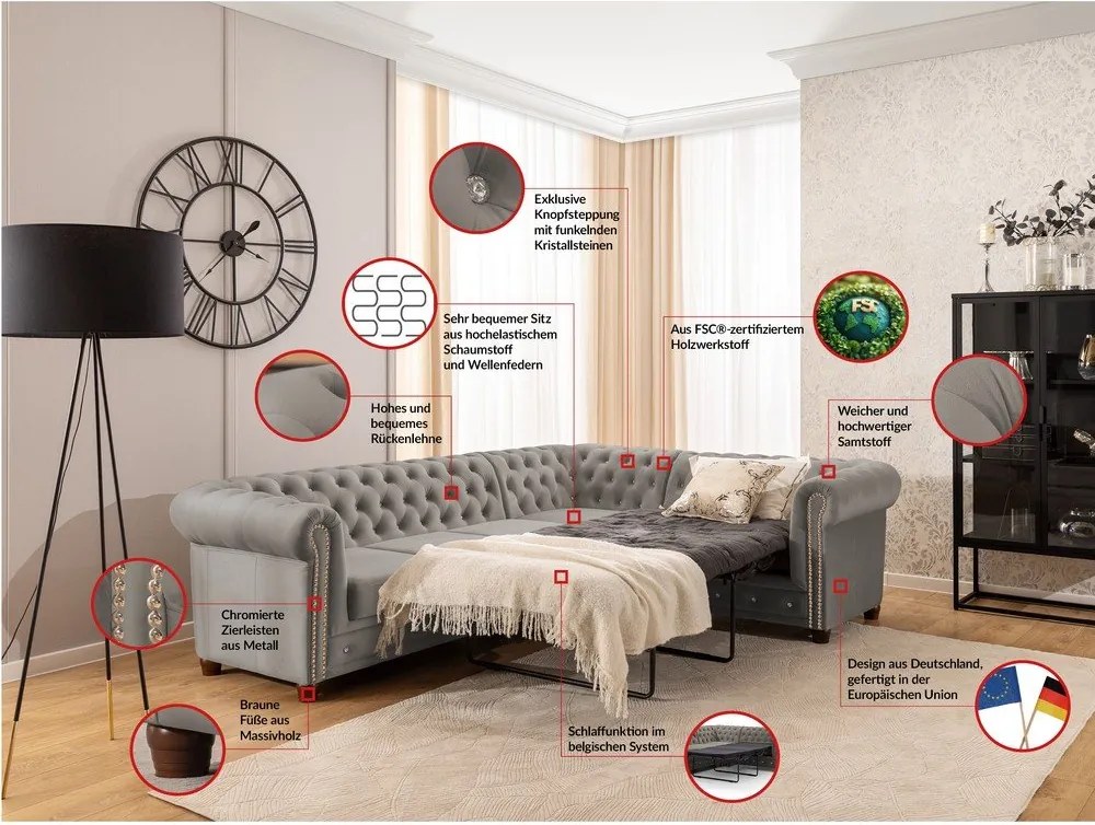 Sivá zamatová rozkladacia rohová pohovka (pravý roh/do L) York Blik – Ropez