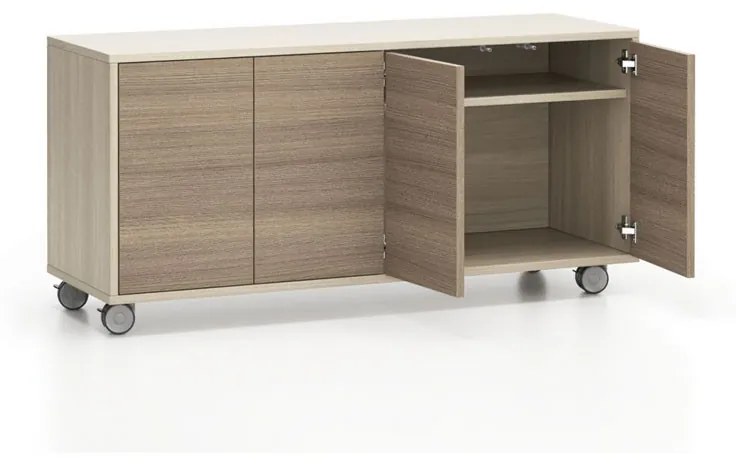 PLAN Pojazdná skrinka na kolieskach s dverami LAYERS, dlhá, 1200 x 400 x 575 mm, dub prírodný / dub morený