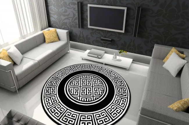 Koberec GLOSS 6776 85 kruh, ramka, grécky, kľúč - čierny / slonia kosť