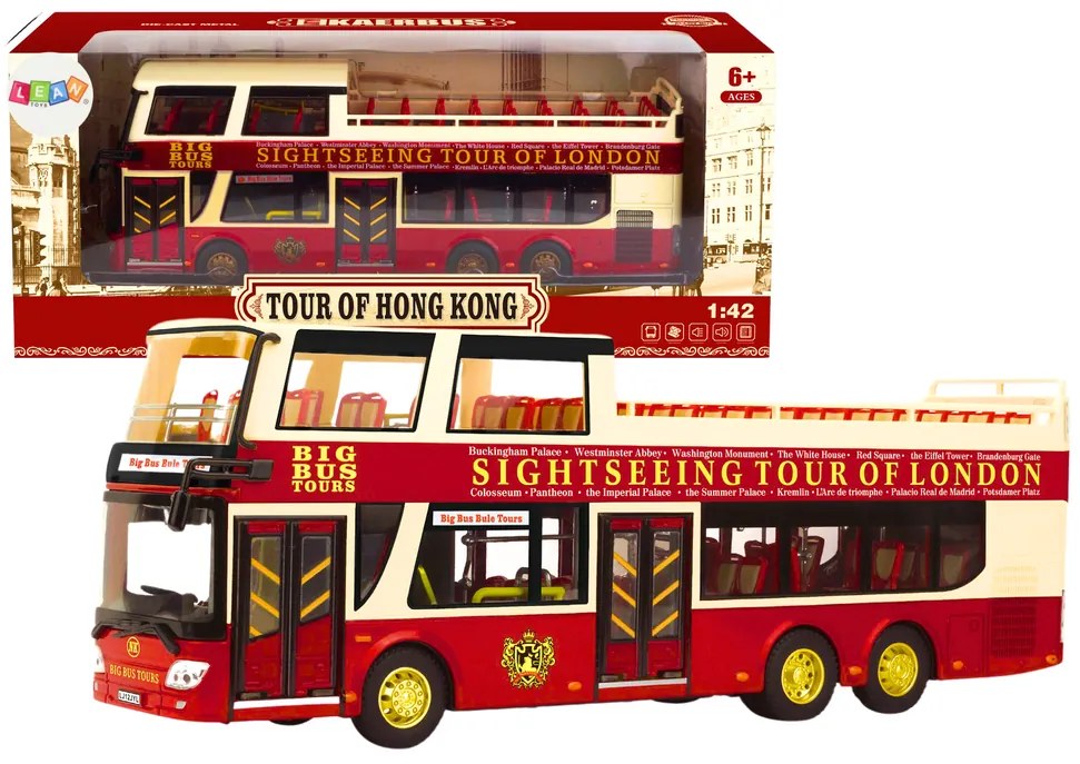 LEAN TOYS Dvojposchodový turistický autobus 1:42, kovový – červená
