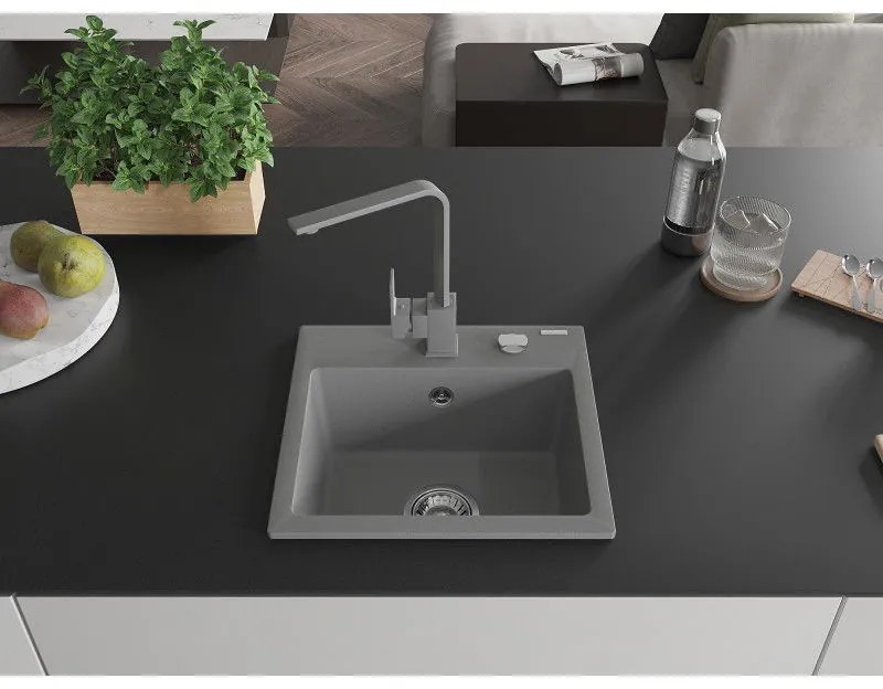 Mexen Milo, 1-komorový granitový drez 435x410x171 mm a šedá batéria Rita, šedá, 6505-71-670300-71